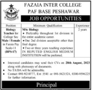PAF Fazaia Inter College Peshawar Jobs 2023