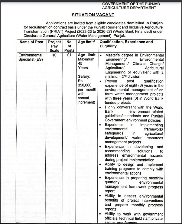 Agriculture Department Punjab Jobs in Lahore November 2023