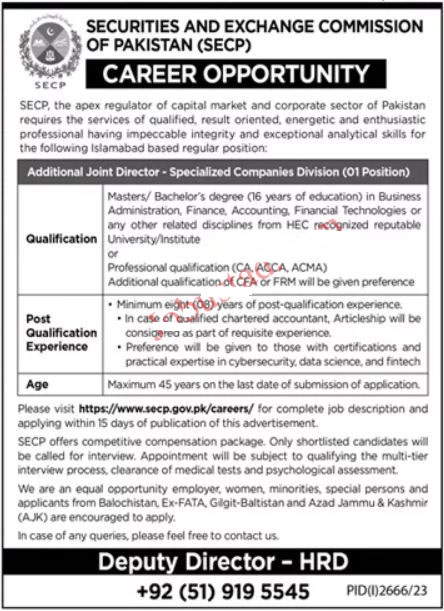 Security & Exchange Commission of Pakistan SECP Jobs 2023 in Islamabad 